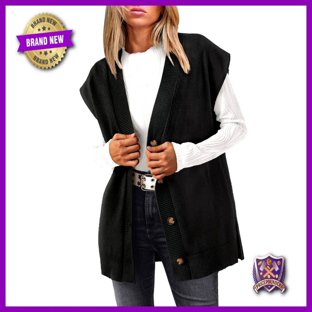 Oversized V-Neck Sweater Vest, Ribbed Knit, Button-Up Cardigan, Loose Fit